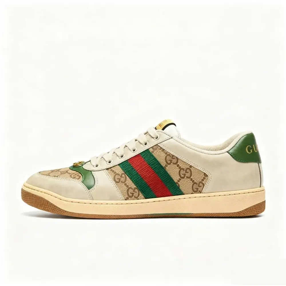 Gucci men's fashion casual shoes classic double G pattern red green stripe design leather patchwork sneakers