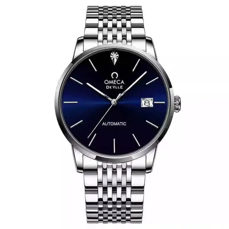 Omega De Ville automatic men's watch with blue dial and stainless steel bracelet