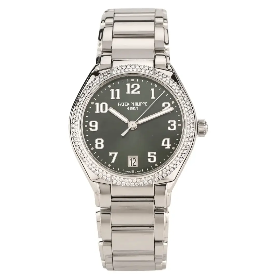 Patek Philippe lady's watch with diamond bezel, black dial and stainless steel bracelet