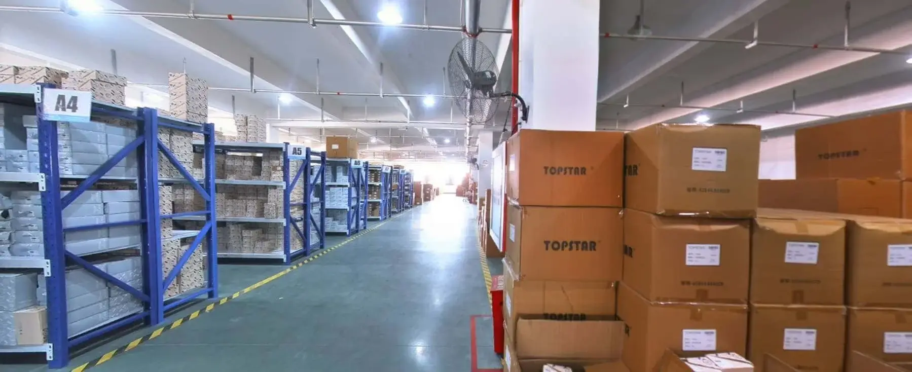 Modern warehouse interior with blue shelving units neatly arranged, storing various packaged goods, safety lines marked on the floor, and "TOPSTAR" branded cardboard boxes stacked on the right side, showcasing a clean and organized environment