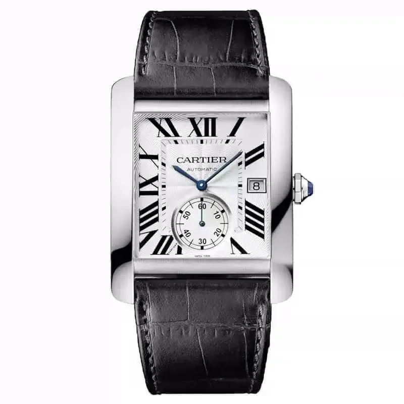 A Cartier Tank series automatic mechanical watch featuring a polished steel rectangular case, paired with a black alligator leather strap. The silver-white dial is adorned with Roman numeral hour markers, a small seconds subdial, blue sword-shaped hands, and a sapphire crown, embodying timeless elegance and refined craftsmanship.
