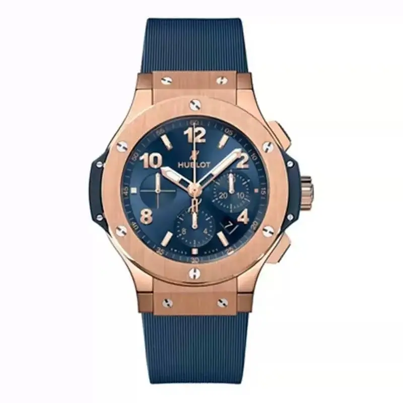 A Hublot rose gold chronograph watch with a deep blue dial and rubber strap, blending luxury and sporty elegance.
